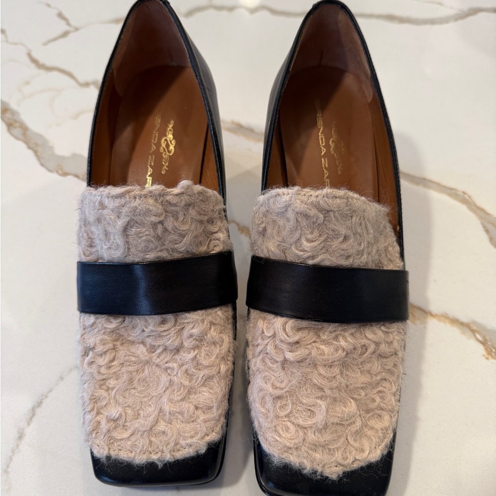 Black Leather & Beige Shearling Block-Heel Loafers